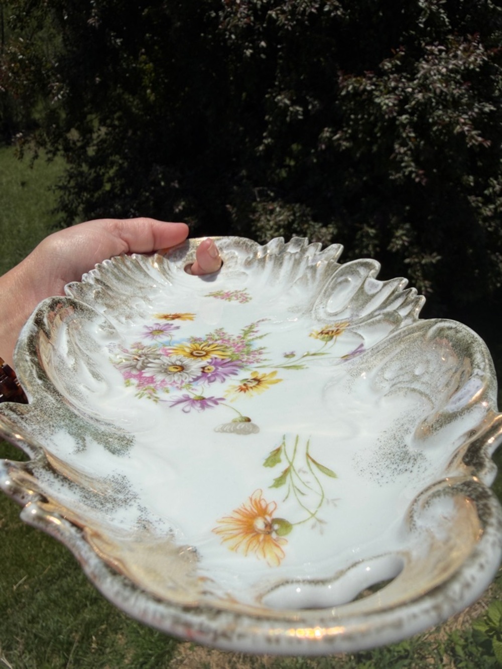 RS Prussia Porcelain Double Handle Ornate Floral Tray with Gold Trim - Picture 10 of 12